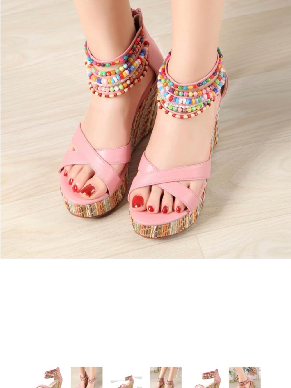 Pink Beaded Ankle-Wrap Wedge Sandals for Women